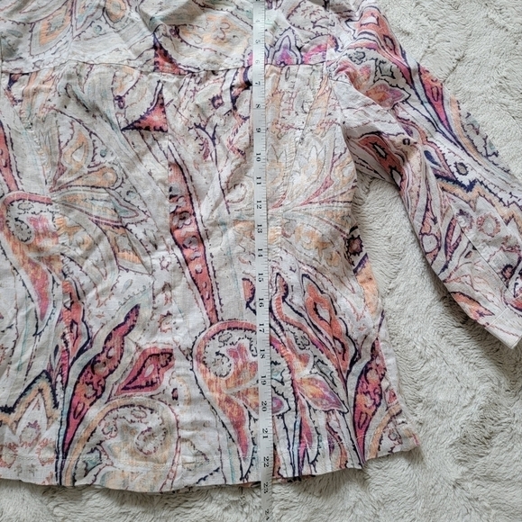 ✨CL Chico's 100% Linen Paisley Pastel Color Print Full Zip 3/4 Sleeve Blazer 0 - Picture 12 of 13